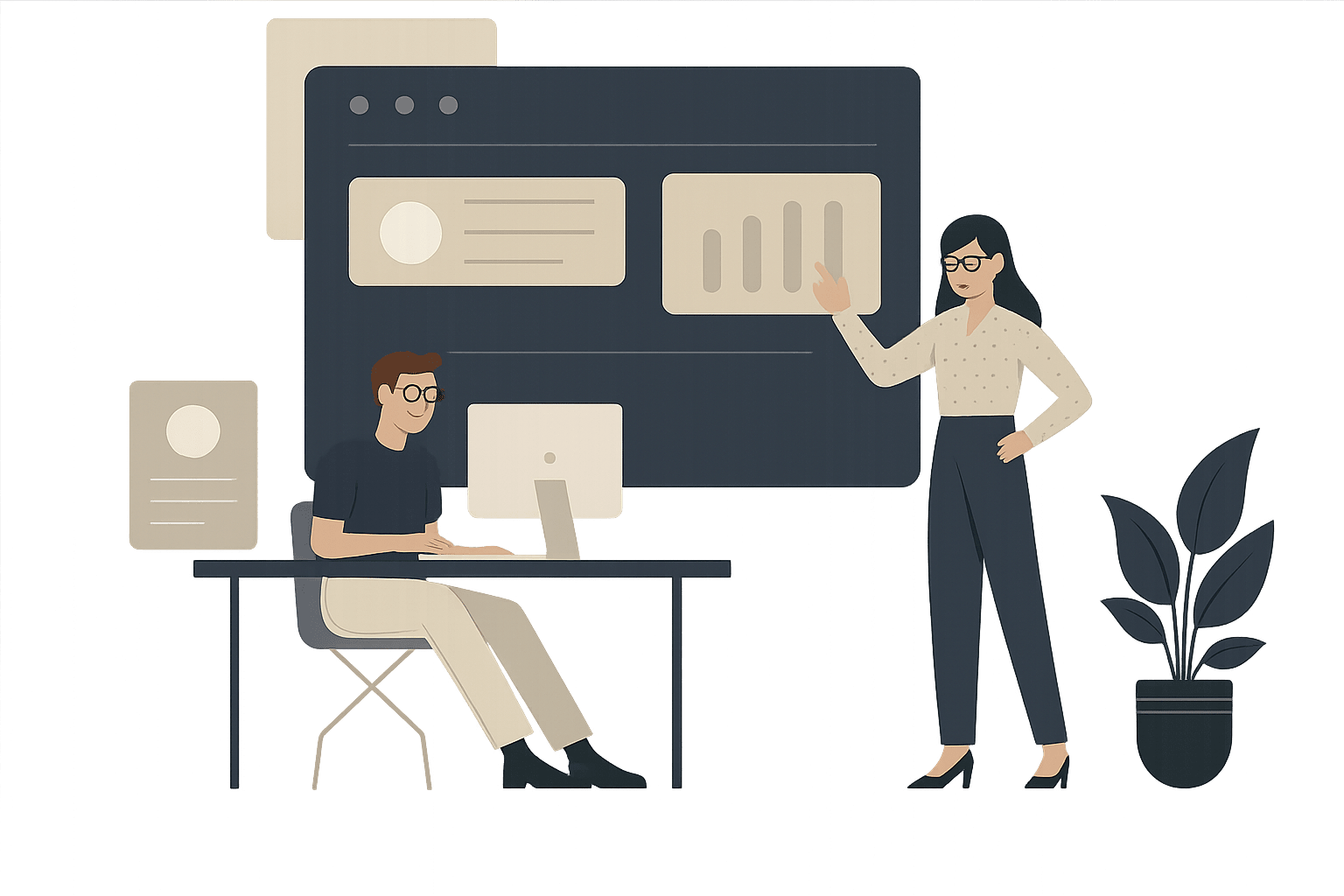 Illustration of two professionals collaborating at a desk with charts and interface elements, representing digital marketing strategy and teamwork.